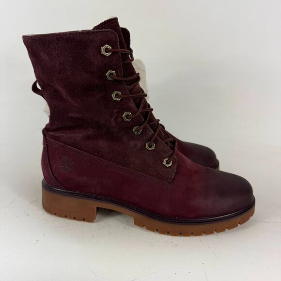 Timberland Jayne Fleece Boots 7.5 Burgundy Leather Round Toe Lace-up Mid-Calf - Picture 2 of 9
